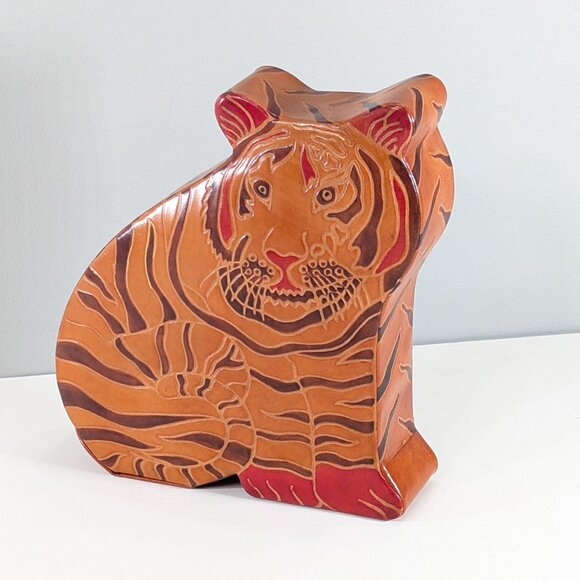 Leather Tiger coin bank, wild animal jungle nursery decor - Picture 3 of 9
